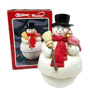 Snowman Frosty Musical Joy To The World Round With Red Bird Broom Red Scarf